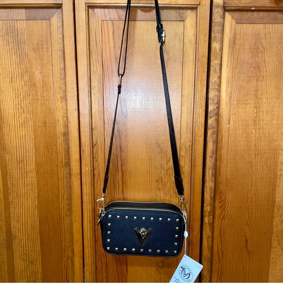 NWT $159 Valentino Orlandi Black Crossbody Bag with Gold Studs and Guitar Strap - Picture 2 of 9